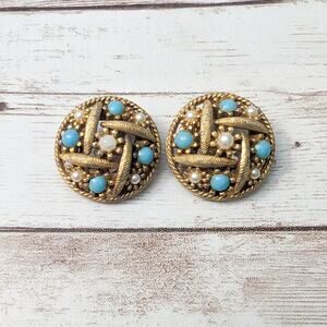 Vintage Clip On Earrings Statement Circle Gold Tone with Light Blue & Faux Pearl